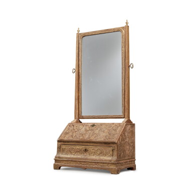 View full screen - View 1 of Lot 492. A George I Gilt-Gesso Table Bureau and Dressing Mirror, with a Green, Gold, and Red Japanned Interior, Circa 1720.