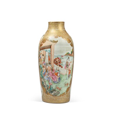 View full screen - View 1 of Lot 829. A gilt-decorated famille-rose 'figural' vase, Qing dynasty, Qianlong period | 清乾隆 粉彩描金人物圖瓶.