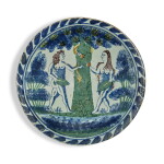 English Delftware Polychrome 'Adam and Eve' 'Blue-Dash' Charger, Probably Bristol, Circa 1730