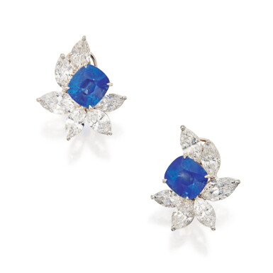 View full screen - View 1 of Lot 208. Pair of Sapphire and Diamond Earclips.