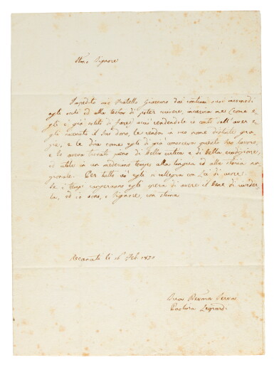 View full screen - View 1 of Lot 53. Italian letters and manuscripts by Leopardi, Carducci, Pellico, Manzoni, Duse, Verga and others, mainly C19 .