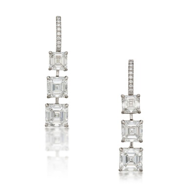 View full screen - View 1 of Lot 716. Pair of Diamond Pendent Earrings.
