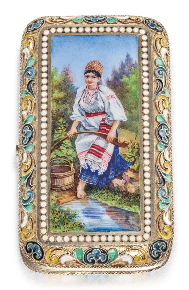 View full screen - View 1 of Lot 405. A SILVER-GILT CLOISONNÉ AND EN PLEIN PICTORIAL CIGARETTE CASE, POSSIBLY VASILY SEMENOV, MOSCOW, CIRCA 1890.