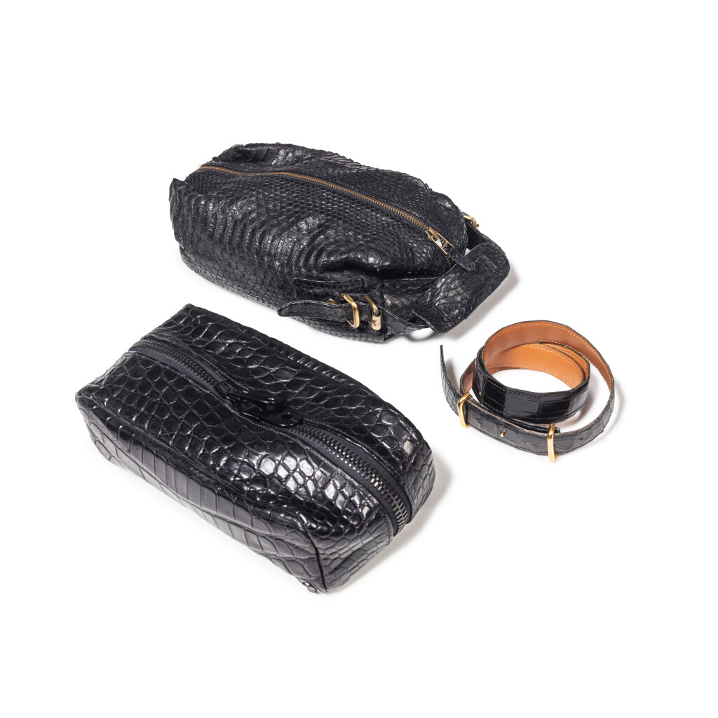 View full screen - View 1 of Lot 58. Set of Three: Hermès, A Vintage Porosus Crocodile Belt and Two Bags in Faux Exotic Black Leather .