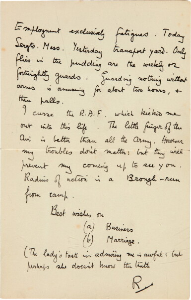 View full screen - View 1 of Lot 70. T. E. Lawrence | Autograph letter signed, to Leeson, on life in the Tank Corps, 28 September 1923.