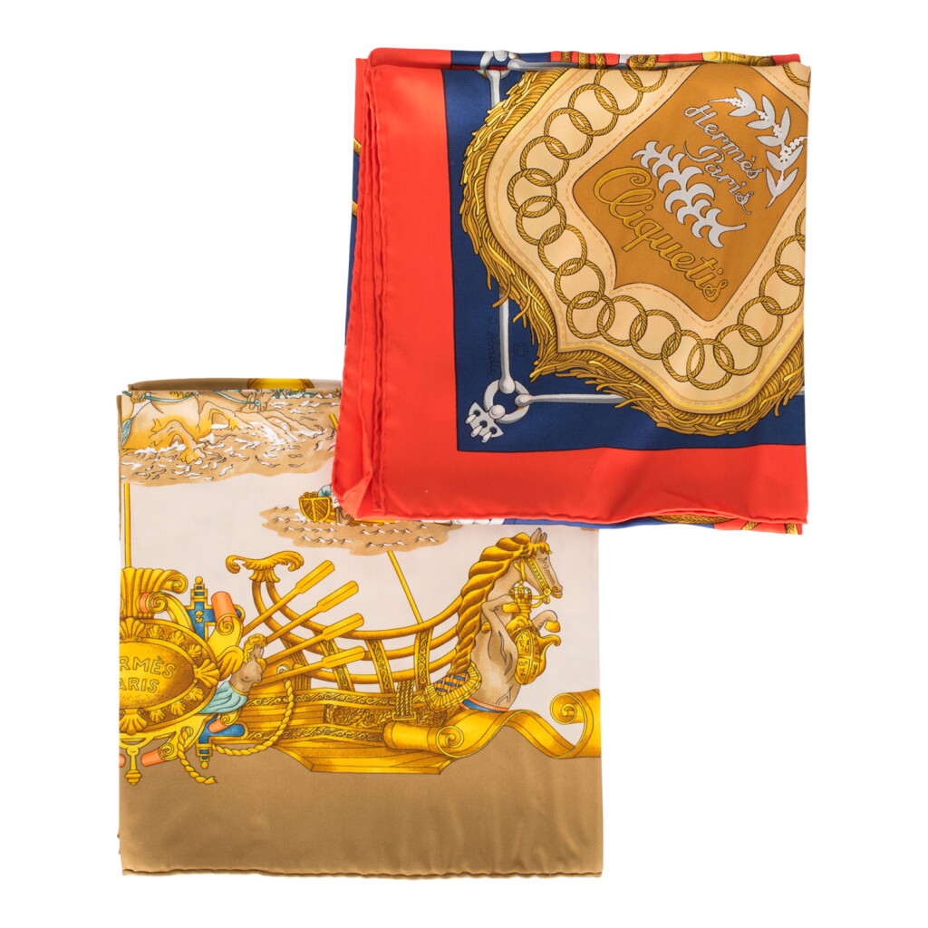 View full screen - View 1 of Lot 195. Hermès Set of Two Scarves: "Voiles De Lumiere" and "Cliquetis" Silk Twill 90cm.