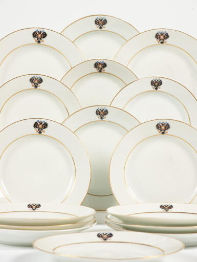 View full screen - View 1 of Lot 217. Forty-three Porcelain Dinner Plates from the Alexander III Coronation Service, Imperial Porcelain Factory, St Petersburg, period of Alexander III, 1881, and Nicholas II (1896-1913).