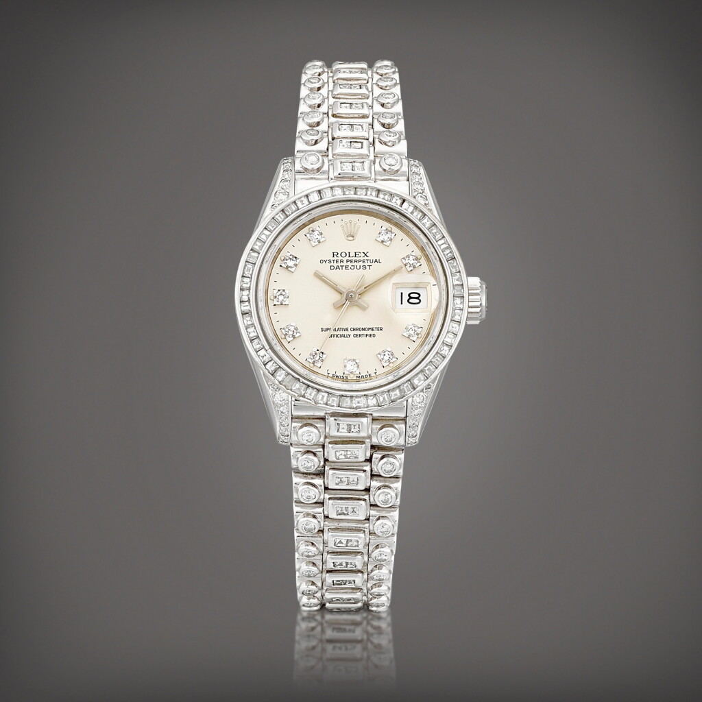 View full screen - View 1 of Lot 930. DateJust "Octopussy" , Reference 69179 | A white gold and diamond-set wristwatch with date and bracelet, Circa 1990 | 勞力士 | DateJust "Octopussy" 型號69179 | 白金鑲鑽石鏈帶腕錶,備日期顯示,約1990年製.