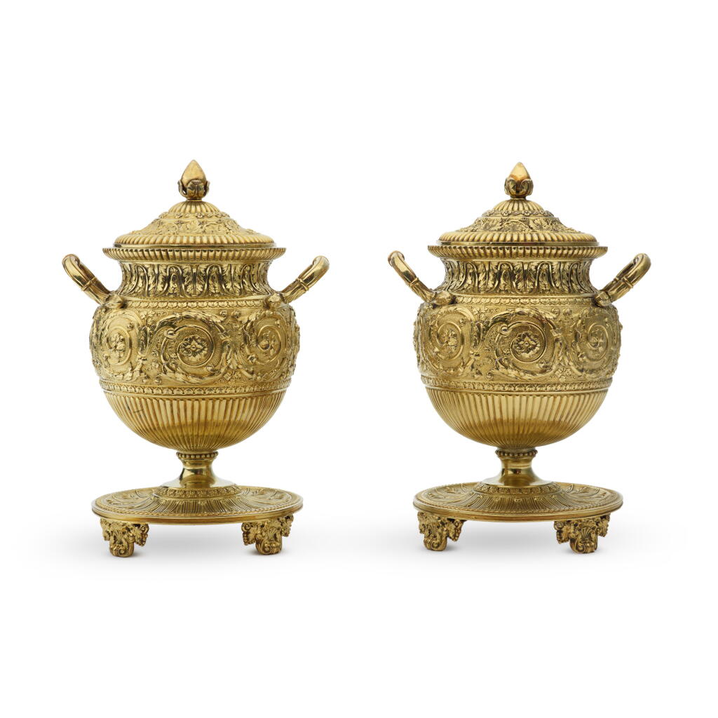 View full screen - View 1 of Lot 379. A Pair of Regency Silver-Gilt Sugar Vases, Paul Storr, London, 1815.