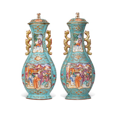 View full screen - View 1 of Lot 341. A Pair of Chinese Export Turquoise Ground Mandarin Palette Vases and Covers, Qing Dynasty, Qianlong Period, Circa 1780 | 清乾隆 約1780年 粉彩松石綠地蓮紋浮雕人物圖蓋瓶.