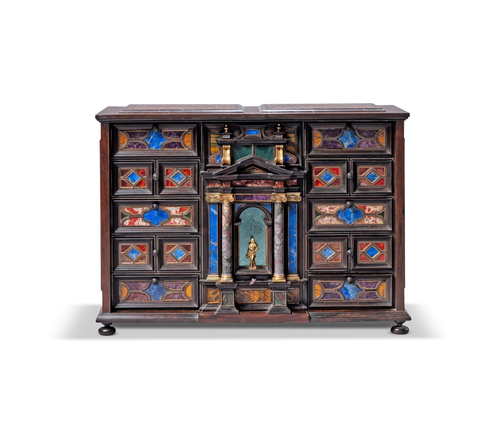 View full screen - View 1 of Lot 62. An Italian gilt-bronze mounted pietra dura, Rio rosewood, Indian ebony and pewter marquetred cabinet, Roma, mid-17th century.