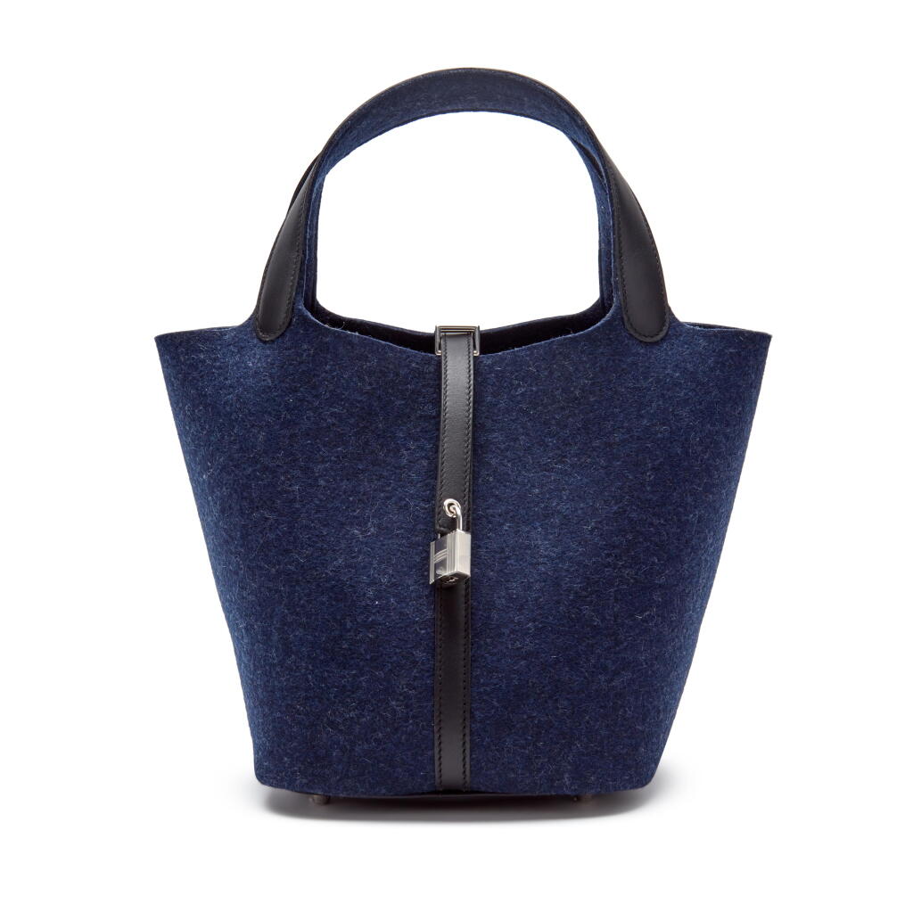 View full screen - View 1 of Lot 48. Bleu Nuit Feutre Wool and Black Swift Picotin Lock 22 Palladium Hardware, 2021.