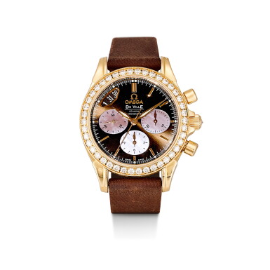 View full screen - View 1 of Lot 179. OMEGA | DE VILLE CO-AXIAL CHRONOMETER, A YELLOW GOLD AND DIAMOND-SET CHRONOGRAPH WRISTWATCH WITH DATE AND MOTHER-OF-PEARL DIAL, CIRCA 2008.