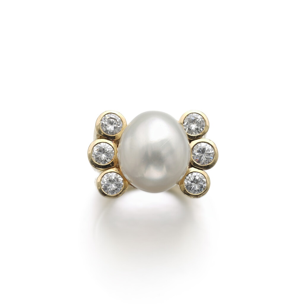 View full screen - View 1 of Lot 875. Cultured pearl and diamond ring.