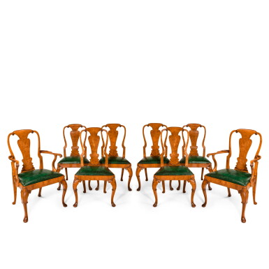 View full screen - View 1 of Lot 62. A SET OF EIGHT QUEEN ANNE STYLE WALNUT AND ELM DINING CHAIRS, CIRCA 1920.