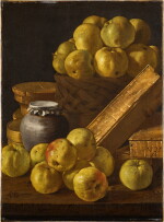 Still life of apples in a basket and upon a table, together with boxes of sweetmeats and a honey jar