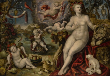 View full screen - View 1 of Lot 233. PRAGUE SCHOOL, CIRCA 1600 | AN IMAGINARY LANDSCAPE WITH ALLEGORIES OF ABUNDANCE AND CHARITY .