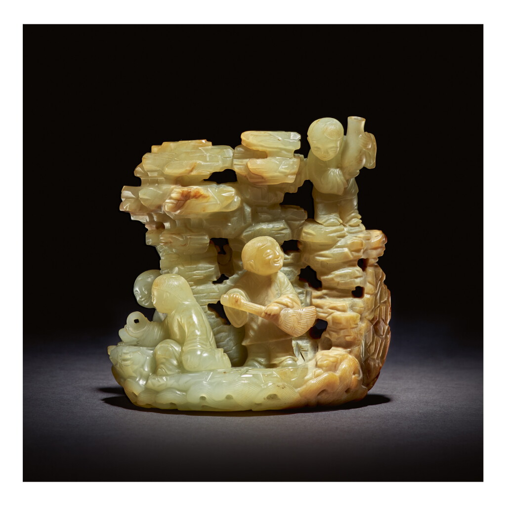 View full screen - View 1 of Lot 209. AN EXCEPTIONALLY RARE PALE GREEN AND RUSSET JADE 'DAOIST IMMORTALS' GROUP, QING DYNASTY, KANGXI / YONGZHENG PERIOD.