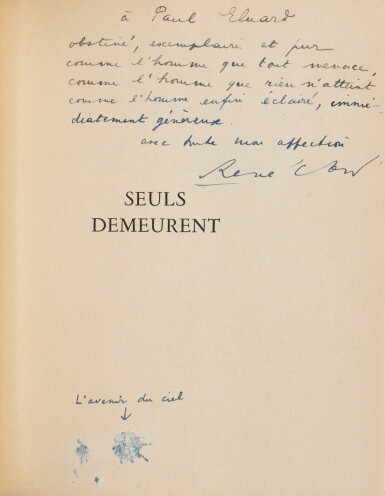 View full screen - View 1 of Lot 119. Seuls demeurent. 1945. In-4. Reliure de P.L. Martin (1957). Très bel envoi à Paul Éluard.