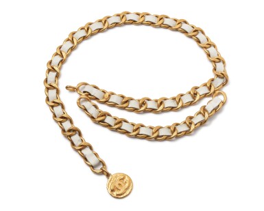 View full screen - View 1 of Lot 47. CHANEL | VINTAGE WHITE LEATHER AND GOLD-TONE CHAIN BELT.