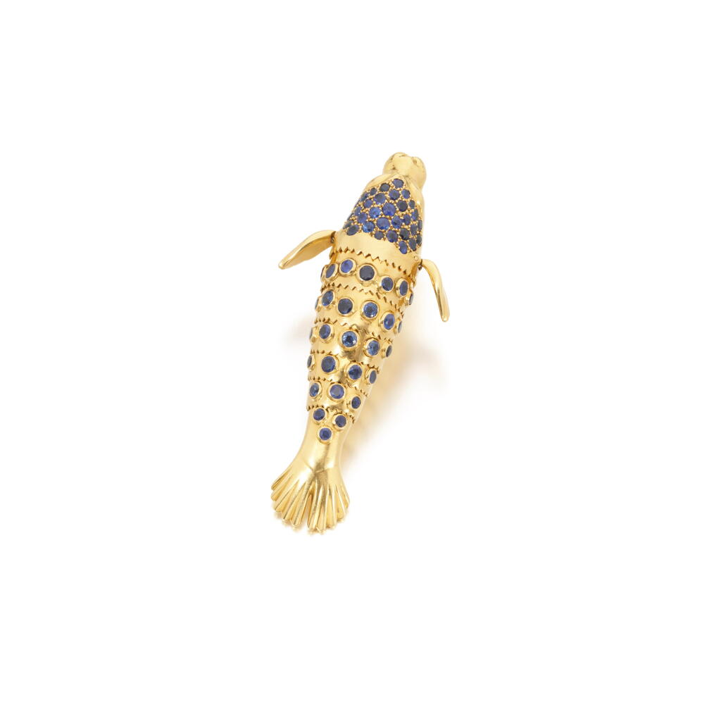 View full screen - View 1 of Lot 536. Gold and sapphire pendant/brooch, circa 1970 and a chain.