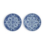 A Pair of Large Chinese Blue and White 'Peacock' Pattern Chargers, Qing Dynasty, Kangxi Period | 清康熙 青花孔雀花卉紋大盤一對