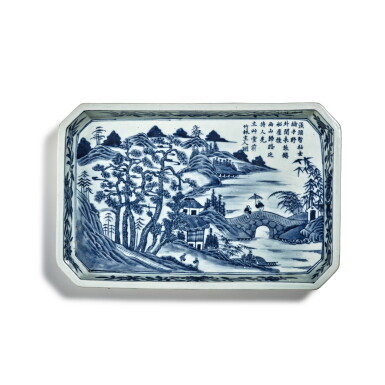 View full screen - View 1 of Lot 80. A blue and white 'landscape' tray, Mark and period of Jiaqing | 清嘉慶 青花山水圖詩文長方倭角托盤 《大清嘉慶年製》款.