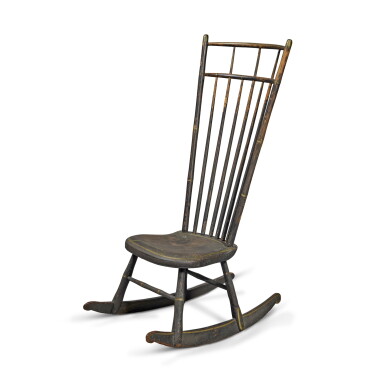 View full screen - View 1 of Lot 310. Black- and Yellow-Painted High-Back Rod-Back Windsor Rocking Side Chair, Pennsylvania, Circa 1810.
