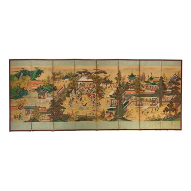 View full screen - View 1 of Lot 566. A CHINESE EIGHT-PANEL PAINTED 'BIRTHDAY CELEBRATION' SCREEN, 20TH CENTURY.
