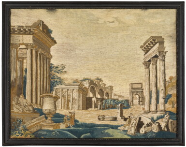 View full screen - View 1 of Lot 79. TWO GEORGE III 'GRAND TOUR' WOOLWORK VIEWS OF ROMAN MOUNMENTS, LATE 18TH CENTURY.