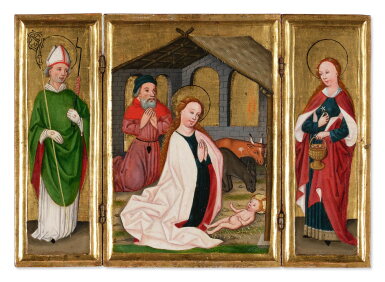 View full screen - View 1 of Lot 405. Triptych: Adoration of the Infant with Saints Erasmus and Dorothy.
