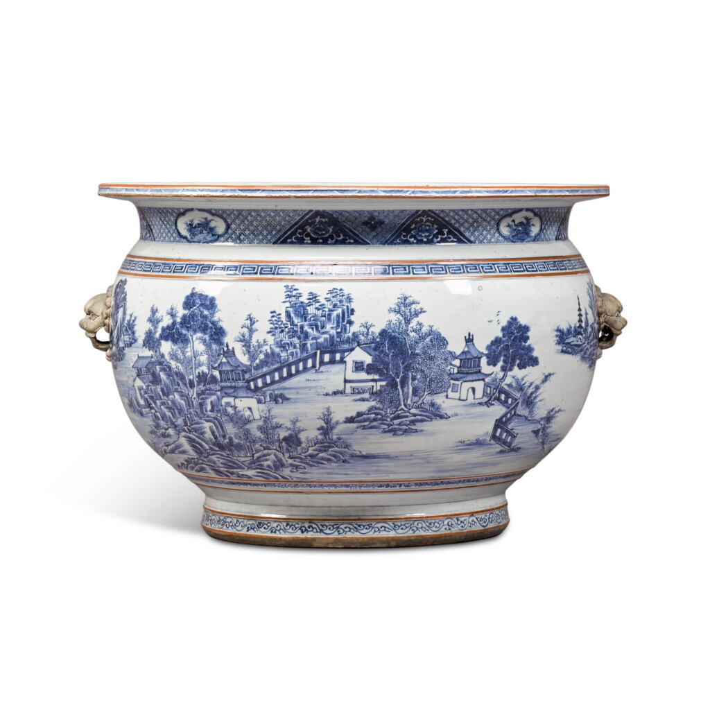 View full screen - View 1 of Lot 92. A massive blue and white 'landscape' fish bowl, Qing dynasty, Qianlong period.