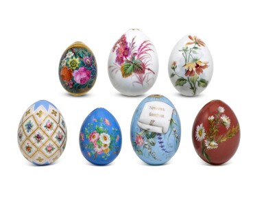 View full screen - View 1 of Lot 203. SEVEN PORCELAIN EASTER EGGS, IMPERIAL PORCELAIN FACTORY, ST PETERSBURG, 19TH/EARLY 20TH CENTURY.