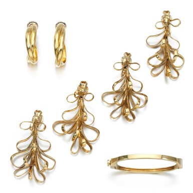 View full screen - View 1 of Lot 129. Cassandra Goad | Two pairs of ear clips, 'Capim Dourado', and a child's bracelet; Pair of hoop ear clips.