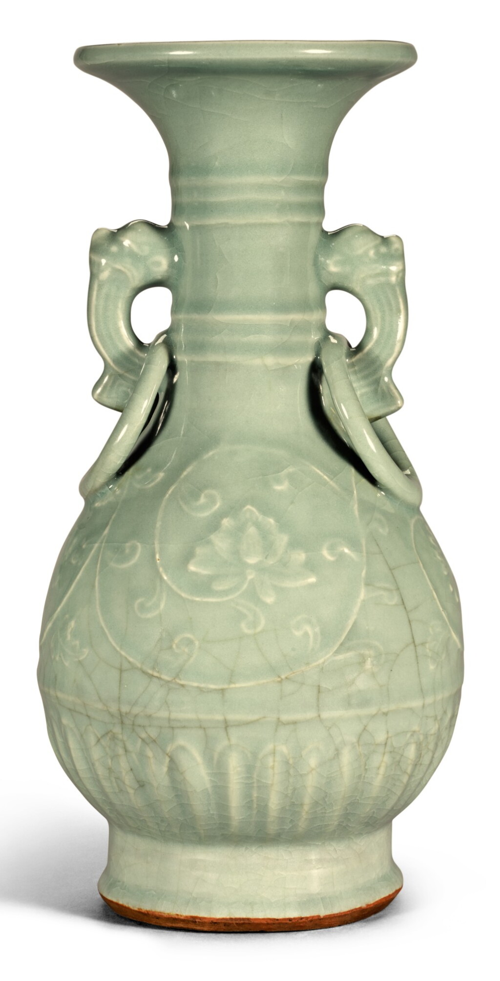 View full screen - View 1 of Lot 136. A RARE MOULDED LONGQUAN CELADON VASE YUAN DYNASTY | 元 龍泉青釉牡丹紋雙耳連環瓶.