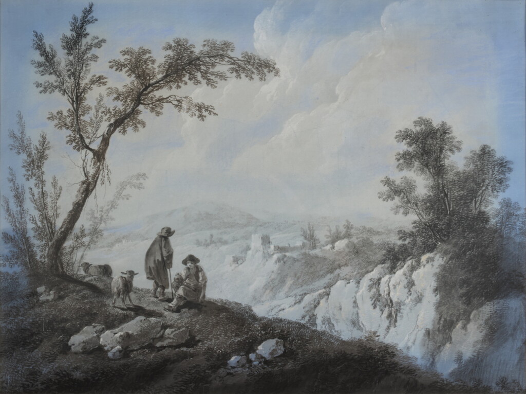 View full screen - View 1 of Lot 760. Landscape with two shepherds conversing.