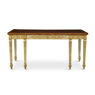 View full screen - View 1 of Lot 35. A George III Green Painted and Parcel-Gilt Side Table with a Satinwood and Tulipwood-Banded Sabicu Top, Circa 1775.