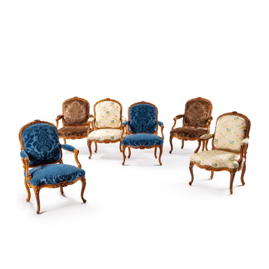 View full screen - View 1 of Lot 351. A suite of six Louis XV carved beechwood armchairs, stamped by Jean-Baptiste Lebas, circa 1750 | Suite de six fauteuils en hêtre sculpté, d'époque Louis XV, estampillés Jean-Baptiste Lebas, vers 1750.