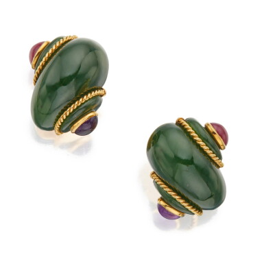 View full screen - View 1 of Lot 268. Verdura | Pair of Nephrite, Ruby, and Amethyst Earclips.