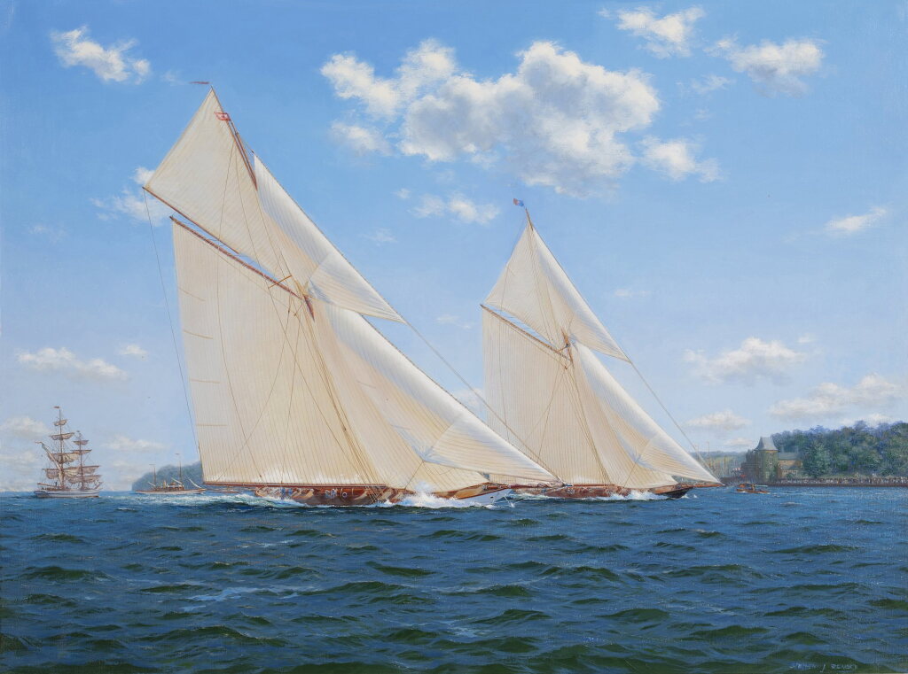 View full screen - View 1 of Lot 253. "Vigilant" and "Britannia" on the Solent off the R.Y.S. (Royal Yacht Squadron), 1894.