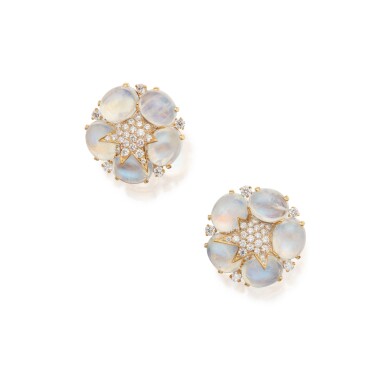 View full screen - View 1 of Lot 14. Pair of Moonstone and Diamond Earclips.