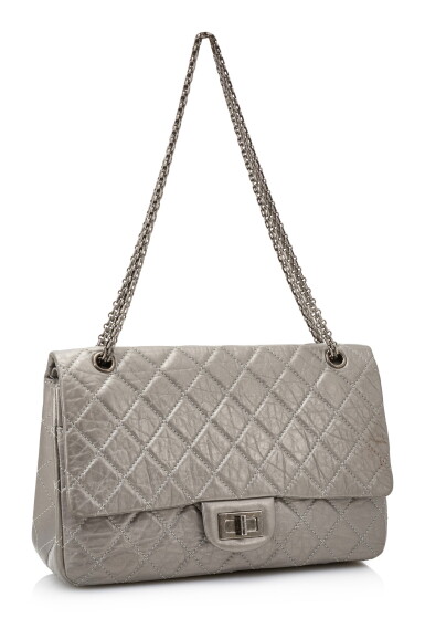 View full screen - View 1 of Lot 160. OPAQUE SILVER CRINCKLED LEATHER WITH GUNTONE METAL 2.55 REISSUE SHOULDER BAG, CHANEL.
