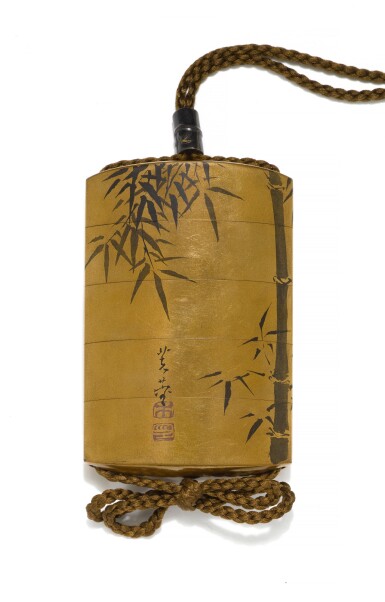 View full screen - View 1 of Lot 77. A FOUR-CASE INRO, SIGNED MANRINSAI WITH KAKIHAN, EDO PERIOD, 19TH CENTURY.
