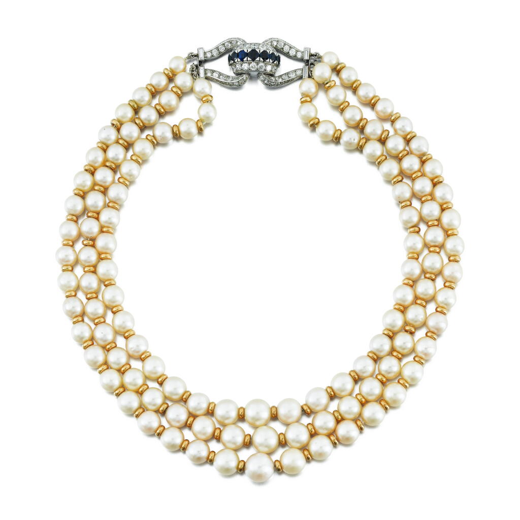 View full screen - View 1 of Lot 102. Cultured pearl, sapphire and diamond necklace .