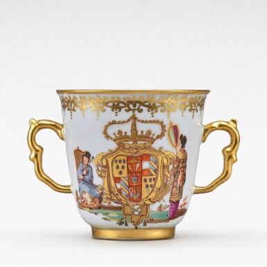 View full screen - View 1 of Lot 92. An extremely rare Meissen armorial two-handled beaker from the service made for Elizabeth Farnese, Queen of Spain, Circa 1737 .