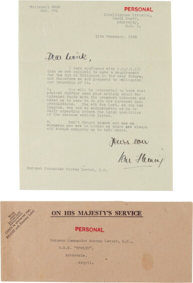 View full screen - View 1 of Lot 8. Ian Fleming | War-era typed letter signed, as Commander Fleming, to George Murray Levick, 11 February 1943.