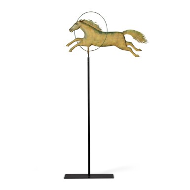 View full screen - View 1 of Lot 1679. Molded Copper 'Leaping Horse through Hoop' Weathervane, A.L. Jewell & Co., Waltham, Massachusetts, Circa 1852 to 1867.