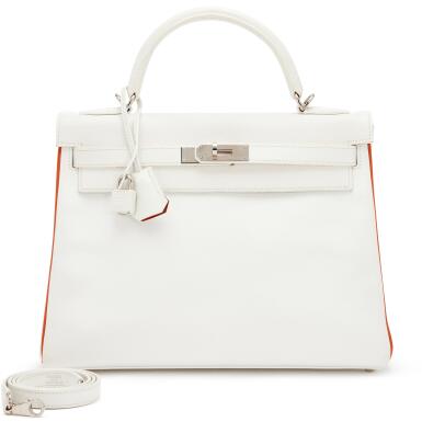 View full screen - View 1 of Lot 56. White and Orange H Epsom Verso Kelly 32 Retourne Palladium Hardware, 2005.