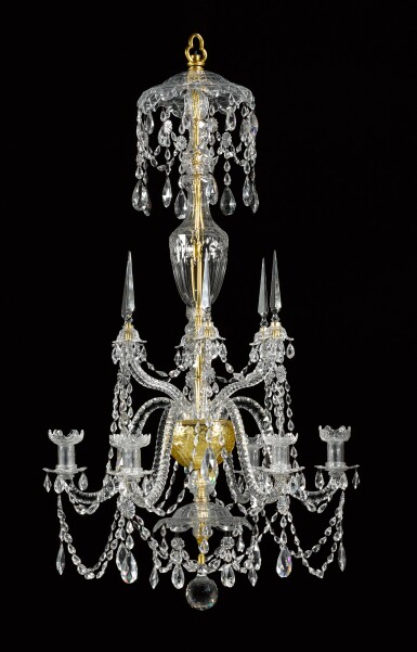 View full screen - View 1 of Lot 53. A George III gilt-brass and cut-glass chandelier, late 18th/early 19th century, in the manner of Parker and Perry.