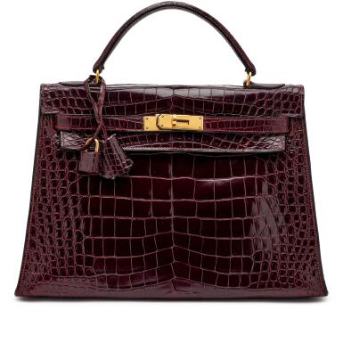 View full screen - View 1 of Lot 32. Vintage Rouge H Shiny Niloticus Crocodile Kelly 32 Sellier Gold Hardware, 1981.